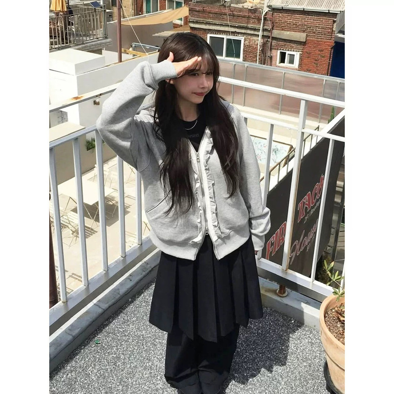 Now 2025 New Autum Korean Designer Coys*Io Lace Zipper Hooded Sweatshirt Cardigan Jacket