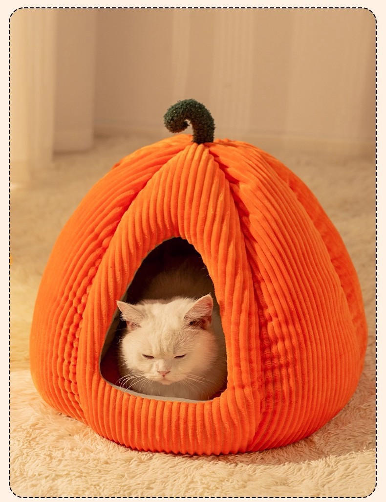 Panier chat citrouille et niche fermée pour chien en hiver_voghion.com