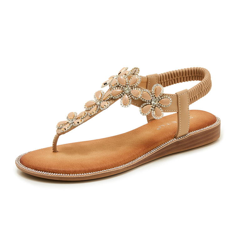 Dép sandal nữ xỏ ngón đế bệt đính hoa kim cương mềm chống trượt — màu đen, màu mơ chi tiết 16