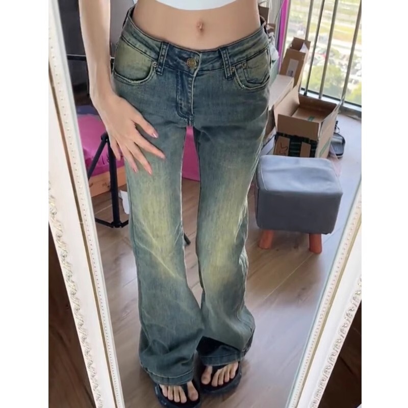 American Retro Low-Waist Flared Jeans for Tall Women, Spring and Autumn, Extended Length, Distressed Dark-Colored Floor-Length Pants, High Street