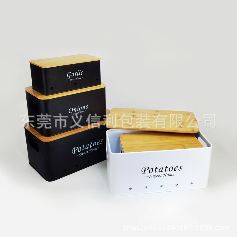 Amazon Tapa de bambú Tanque de almacenamiento blanco Patata Conservación transpirable Cocina Papas Cebolla Ajo Caja de almacenamiento de metal