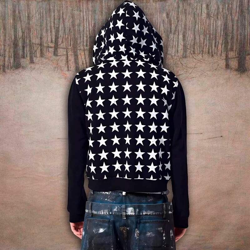 Autumn New Trendy Printed Star Hooded Cardigan Unisex Patchwork Pocket Hip-Hop Street Style Sweatshirt Casual