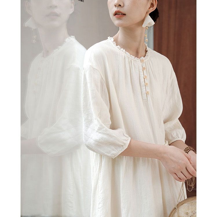 % French Enzymatic Wash Jacquard Linen dress Spring and Summer New Fresh White Mid-length Belly Covering Skirt