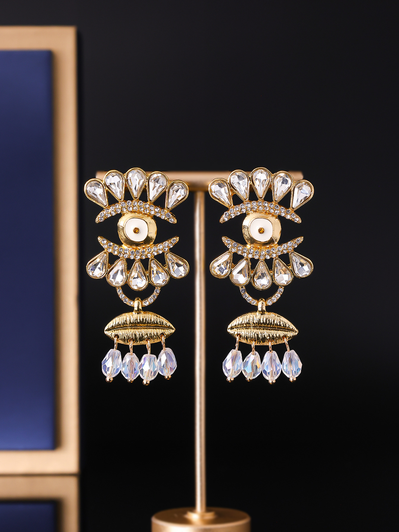 Exaggerated European And American Devil's Eye E, Vintage Light Luxury Full-Diamond Eye-Shaped Water Drop Tassel_voghion.com