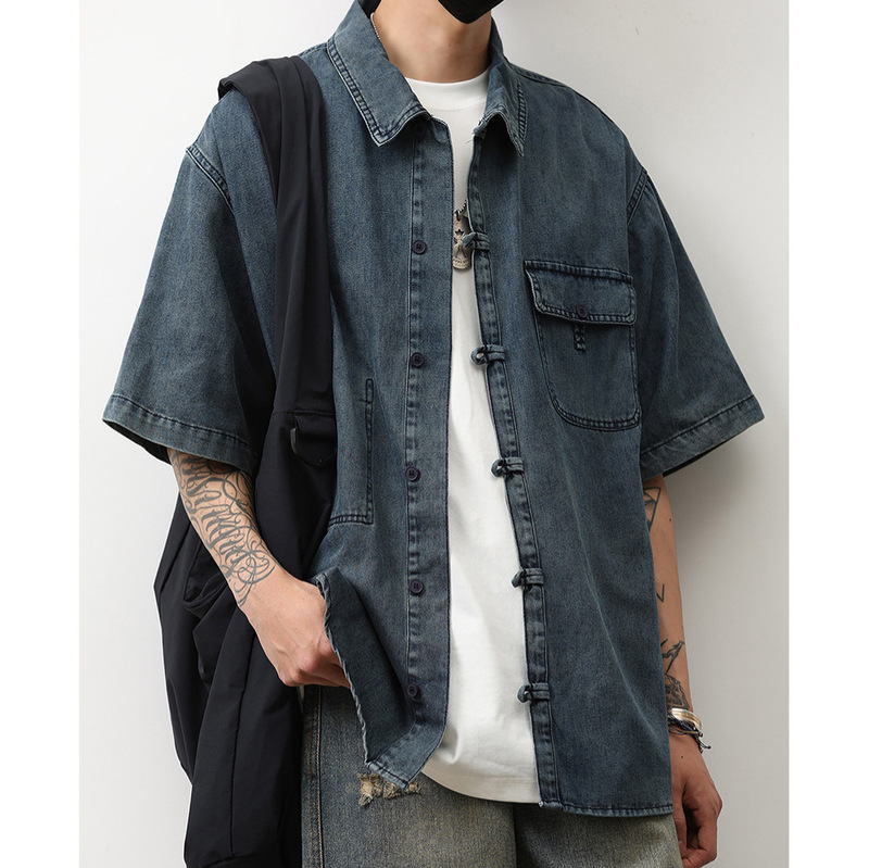 Denim Short-sleeved Shirt Summer New Chinese Niche Design Sense Buckle dark blue Shirt Men's National Style Coat Trend