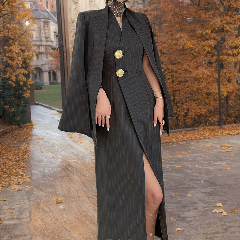 2024 spring new Korean style dark striped v-neck split dress matching suit jacket fashion two-piece suit for women