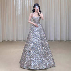 亮片晚礼服裙女高端轻奢小众主持人演出银色大气高级感敬酒服新娘