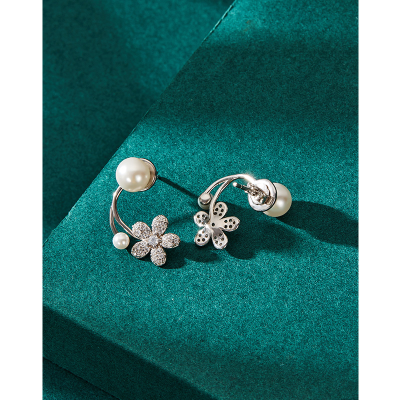 S925 plata esterlina flor perla pendientes mujeres moda simple nicho diseño de alto grado pendientes uno de dos piezas pendientes