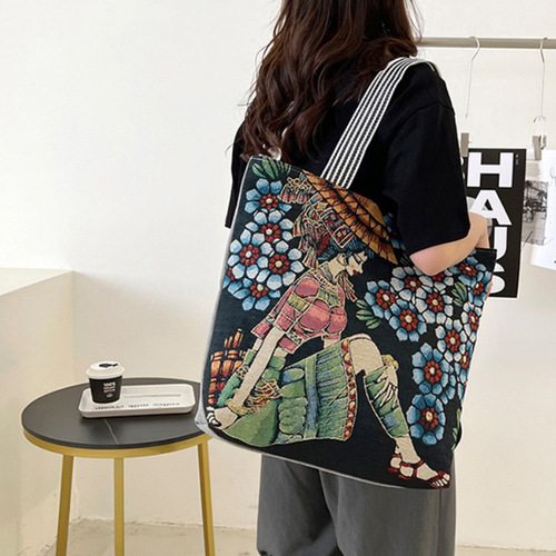 New Autumn and Winter Bags Women's Bags Embroidered Retro Fashion Large Capacity Canvas Bags Shopping and Work Women's Shoulder Bags