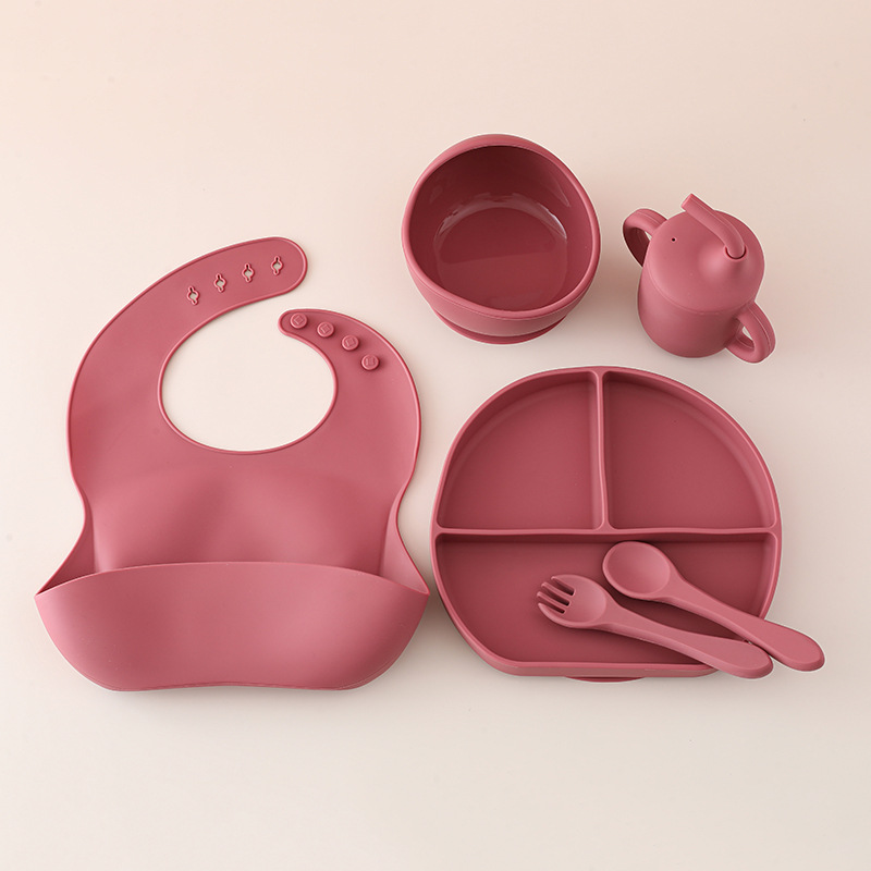 Juego de vajilla de silicona para bebés, vajilla de alimentación para bebés recién nacidos, plato de comedor de rejilla dividida de silicona, babero de tazón de alimentos al por mayor