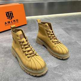 男靴2025新款秋季贝壳头短靴复古英伦风工装靴百搭系带高帮马丁靴