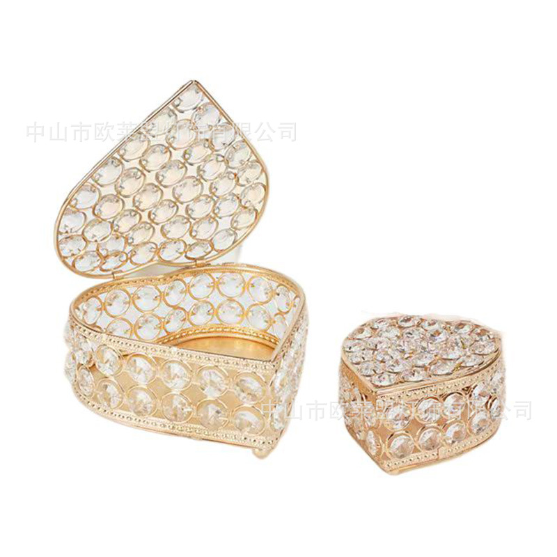 European Luxury Heart-Shaped Crystal Jewelry Box with Lid, Household Jewelry Watch, Diamond Ring Storage Box, Retro Jewelry Box