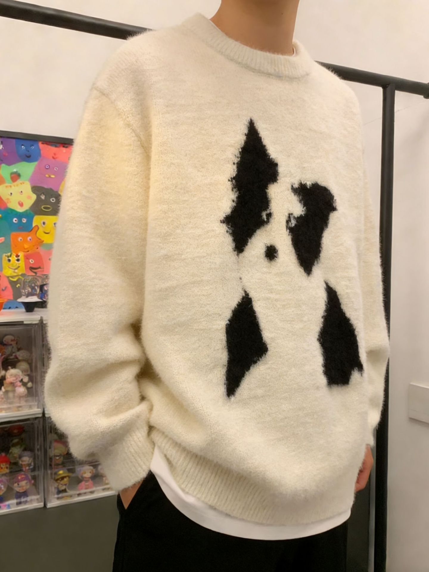 Herren Winter Mohair Pullover Mit Hunde Motiv Rundhals Strick_voghion.com