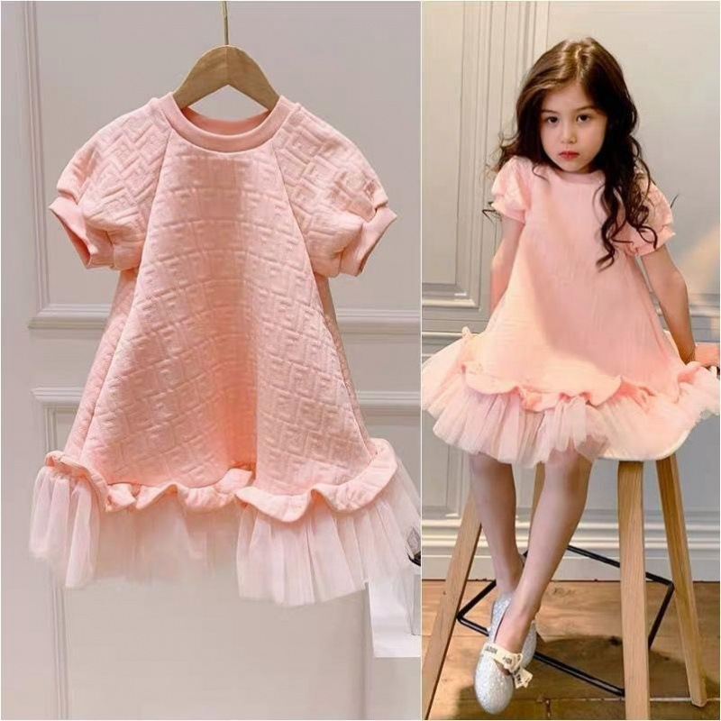 Spring and Summer New Style Kidsren's Girls Pink 2025 Foreign Style Medium and Large Girls Spring & Fall Mesh Short-Sleeved Dress Princess Dress