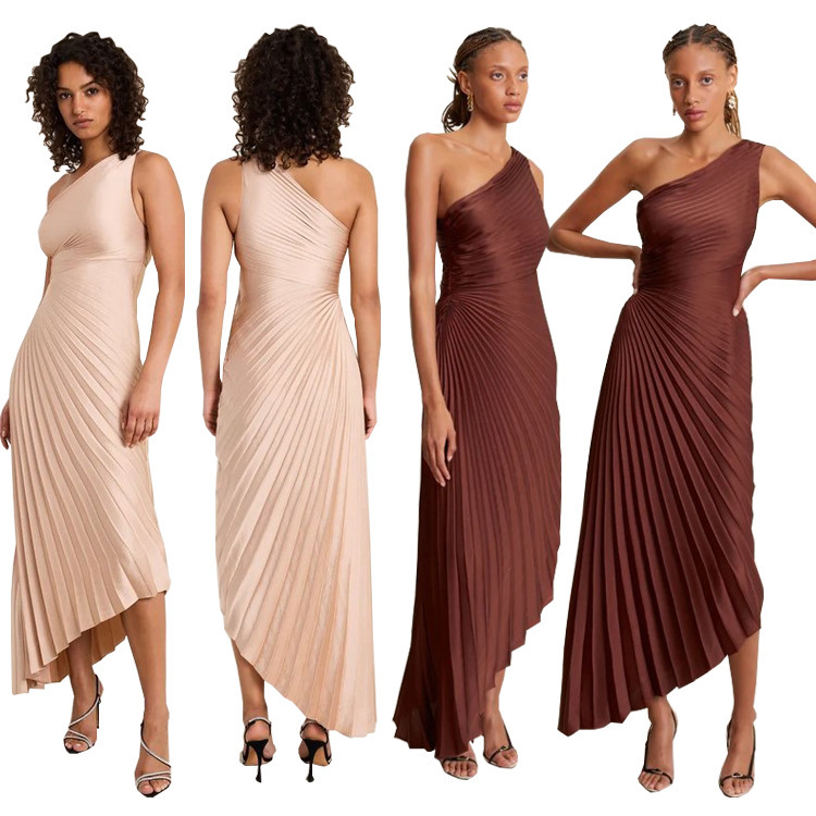 RC3125 European and American women's clothing Amazon hot selling cross-border fashion one-shoulder sun pleated satin dress