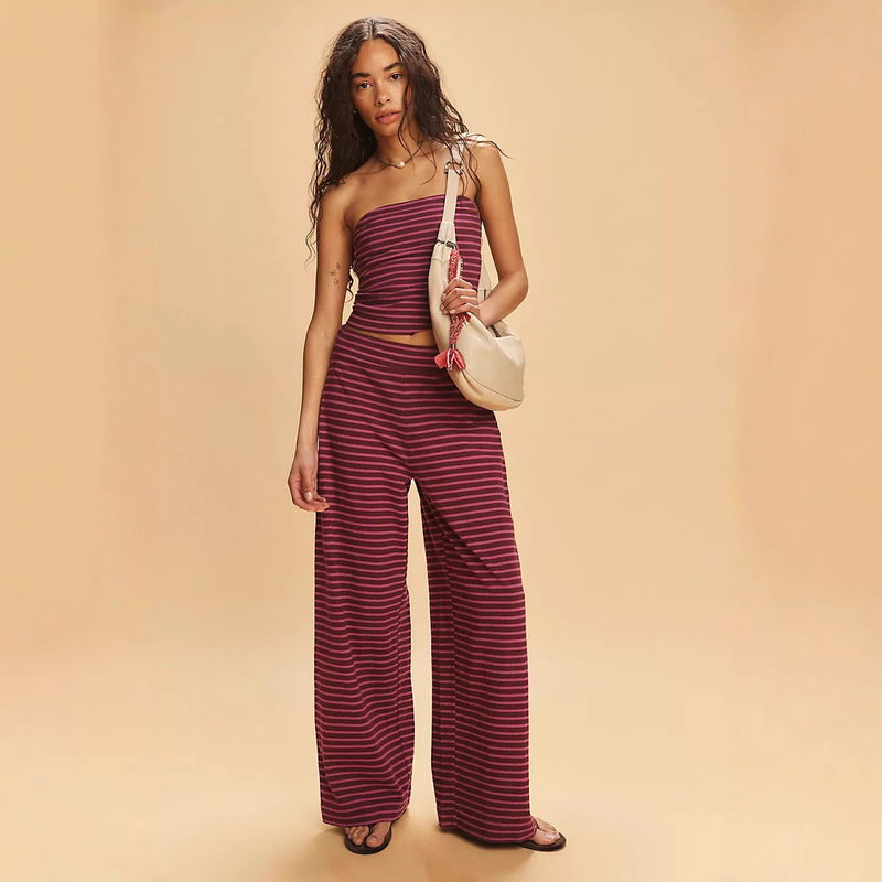 Amazon European and American Sexy Slim-fit Casual Striped suit Color-matching Tube Top Fashionable Elacite Pants Two-piece Set