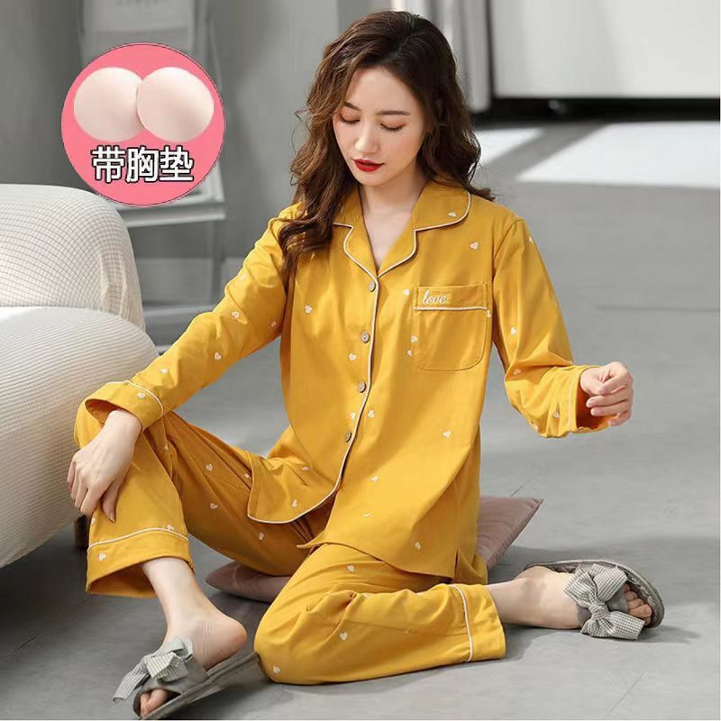 Traje de pijama de algodón 100% para mujer con almohadilla en el pecho nuevos pantalones de manga larga boda elegante estilo de princesa simple ropa para el hogar