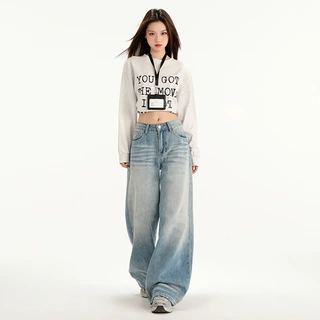 美式复古蓝色折痕阔腿牛仔裤女2026春季高腰宽松显瘦百搭直筒裤子