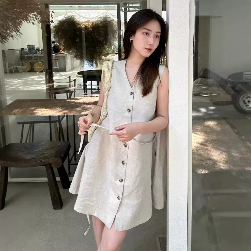 标准版型亚麻棉混纺小伞裙米灰色2026春夏新品女高级感连衣裙