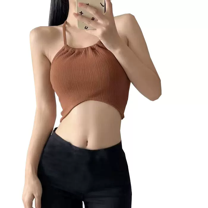 跨境外贸背心女 含胸垫条纹美背裹胸挂脖运动健身瑜伽服吊带上衣