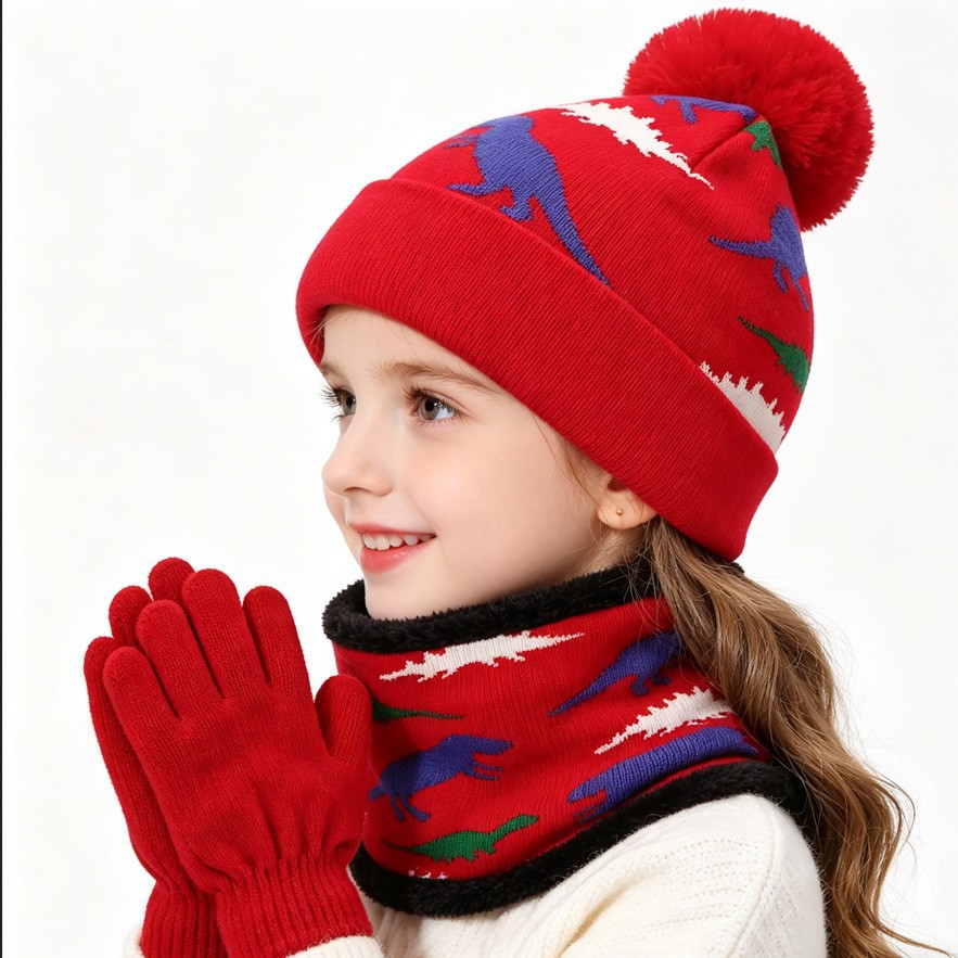 Knitted hat for children aged 2-7 years, winter warm fleece-lined neck warmer and gloves three-piece set, boys' hat, cross-border scarf for girls