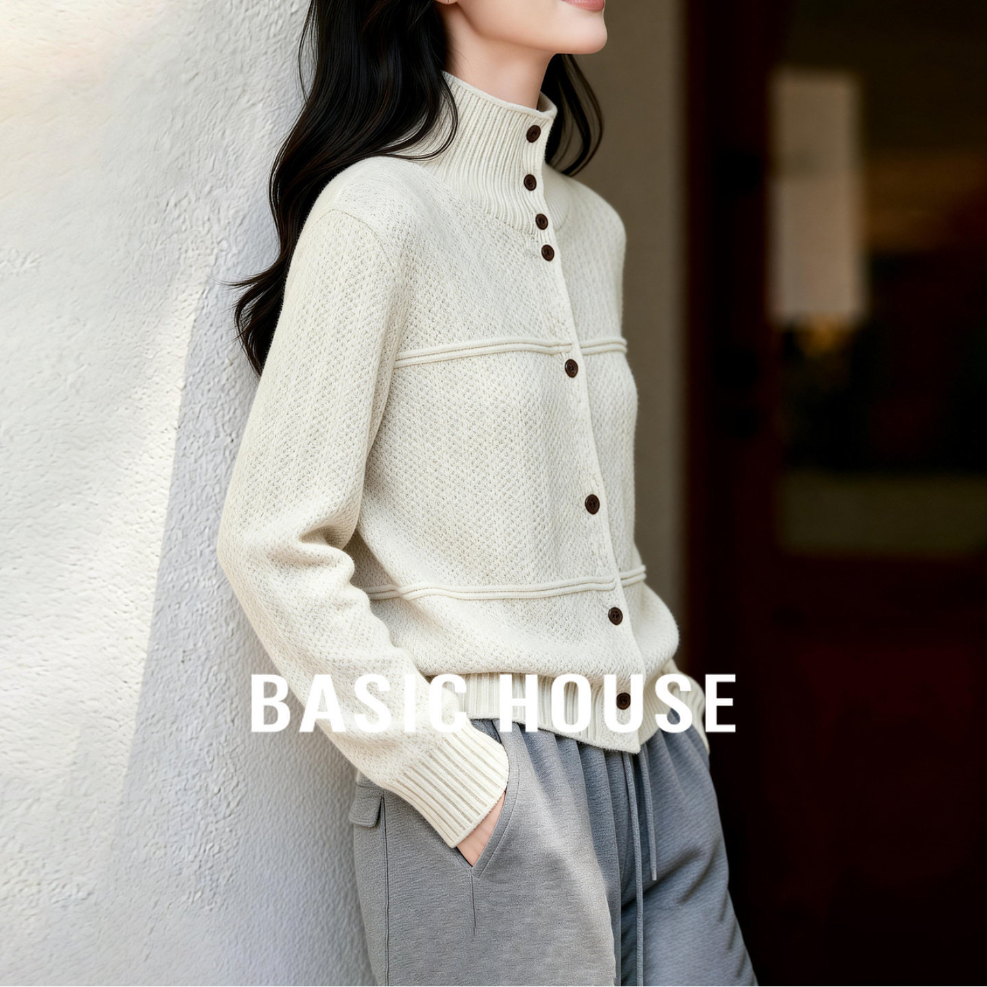 Basic House/百家好高领单排扣绵羊毛开衫毛衣女冬慵懒风针织外套