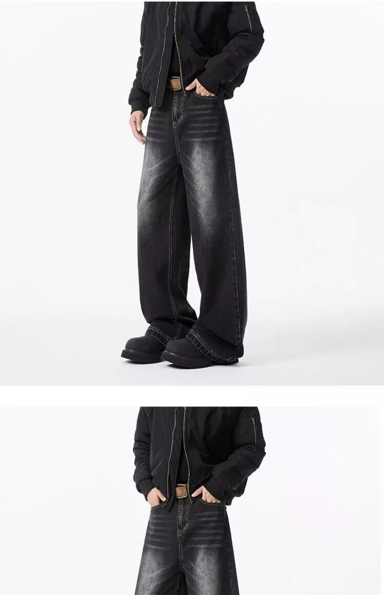 Men's Vintage Washed Denim Jeans Slightly Flared Wide-Leg Cat Whisker Detailing High-Street Style Cleanfit Black Blue (S-3XL)_mkmklike.com