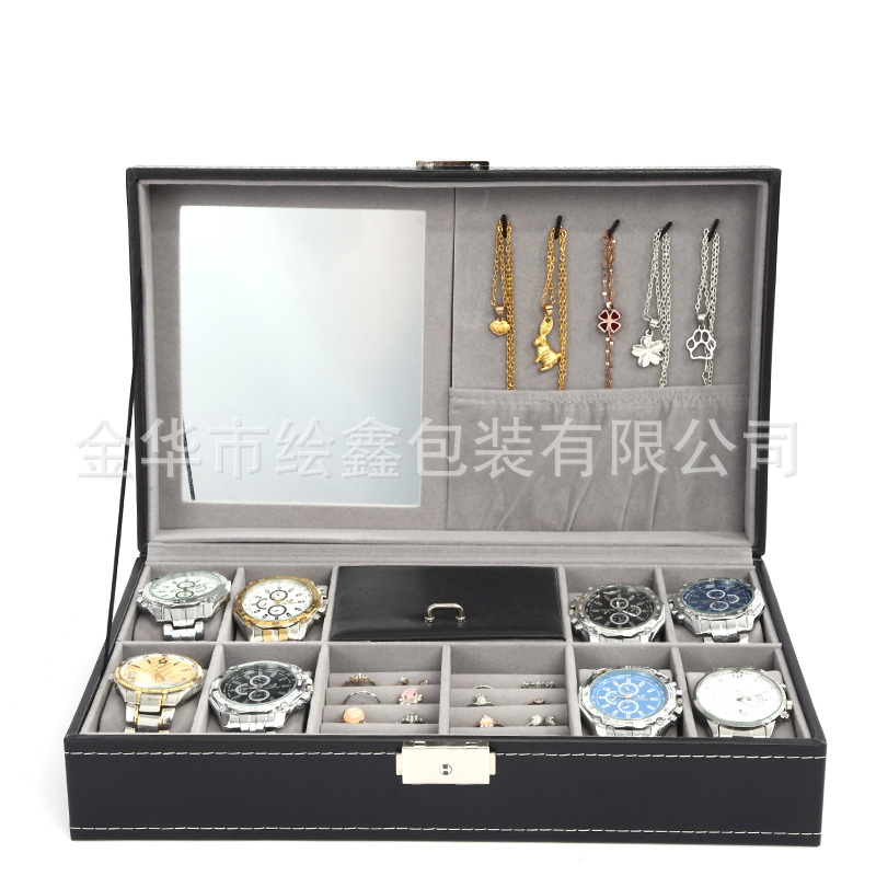 En stock al por mayor de cuero negro reloj joyería caja collar anillo con espejo cosmético joyería caja de almacenamiento caja de reloj