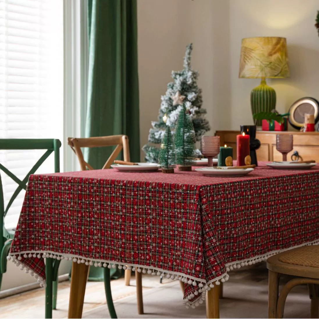Rectangular tablecloth, cotton‑linen, dustproof red checkered decorative table mat, multiple sizes