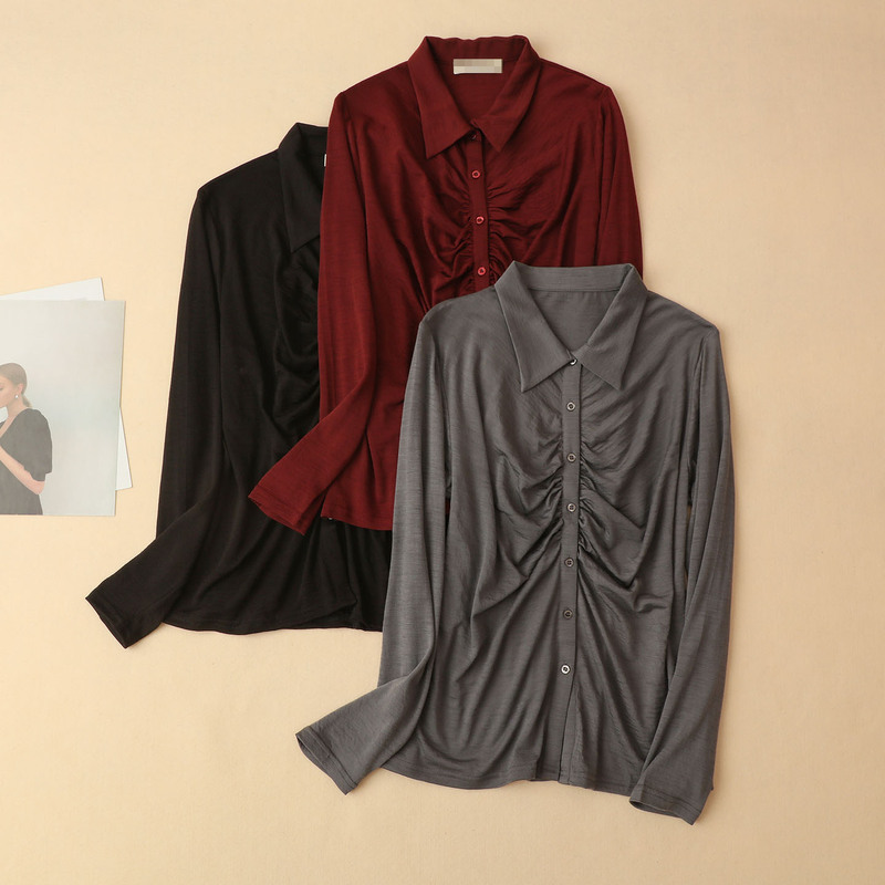 Thin 100% Sheep Wool Pure Color Large Size Shirt Cardigan Slimming Look Warm Top Women's Autumn and Winter