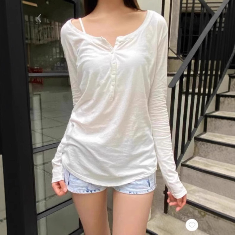Bm Style White Lightweight Fitted Six-Button Long-Sleeve T-Shirt for Women, Slimming, Versatile Top, Sun-Protective Cover-Up