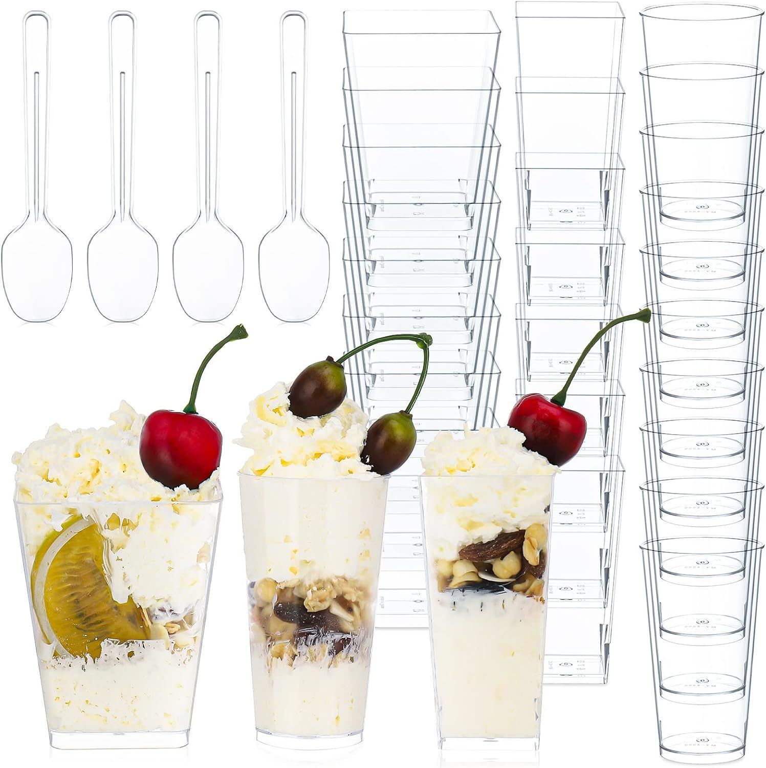 Amazon transfronterizo desechable PS taza de plástico transparente dura taza de pastel de mousse taza cuadrada con cubierta y cuchara conjunto