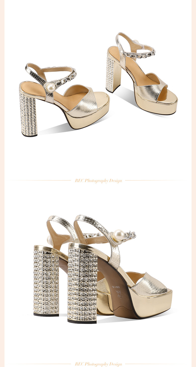 Sandal cao gót nữ hở mũi đính đá, gót thô 12 cm, đế platform 4 cm, quai ngang khóa, da thật phong cách Âu Mỹ — đen chi tiết 5