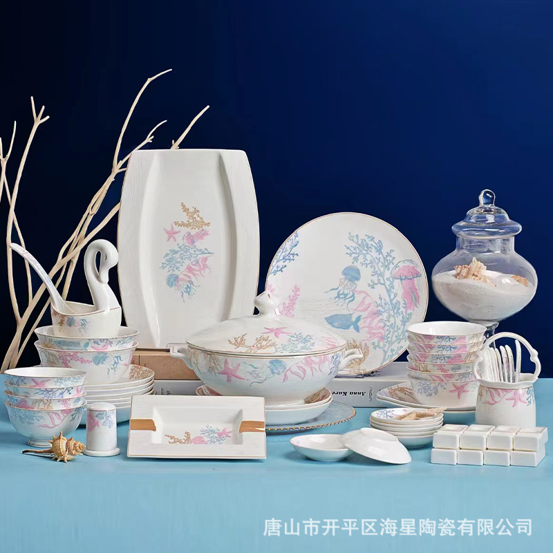 Tangshan Bone China Tableware Set 60 Head Bowl Plate Tableware Set Fresh Bohemian Glazed Color Porcelain Tableware Tangshan Bone China Tableware Set 60 Head Bowl Plate Tableware Set Fresh Bohemian Glazed Color Porcelain Tableware
