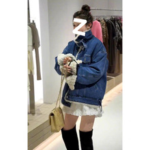 韩国 chic 女2025冬季加绒加厚立领机车服夹克棉服牛仔外套