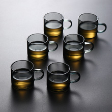 厂家批发烟灰色玻璃茶杯透黑小杯子耐高温品茗杯主人杯带把小茶杯