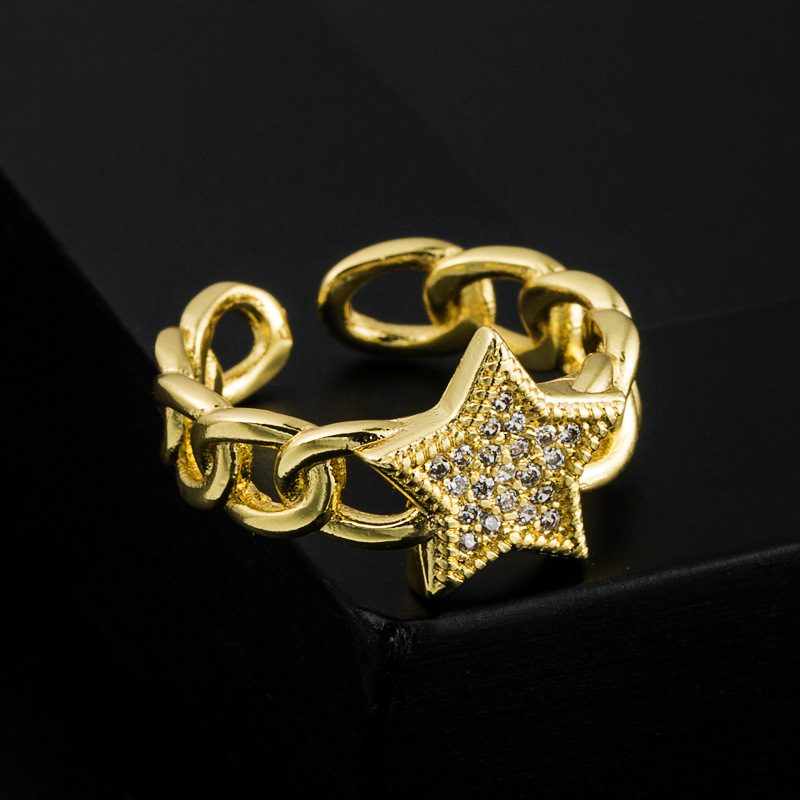Fashion Gold Plated Micro Inlaid Zircon Star Heart-Shaped Opening Adjustable Copper Ring Accessories