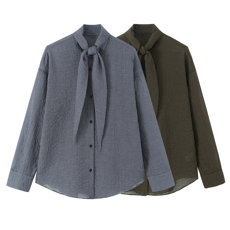 Pb&Za Women's Clothing 2026 Spring New Zw Series European and American Plaid Scarf Collar Long-Sleeved Shirt 1088338