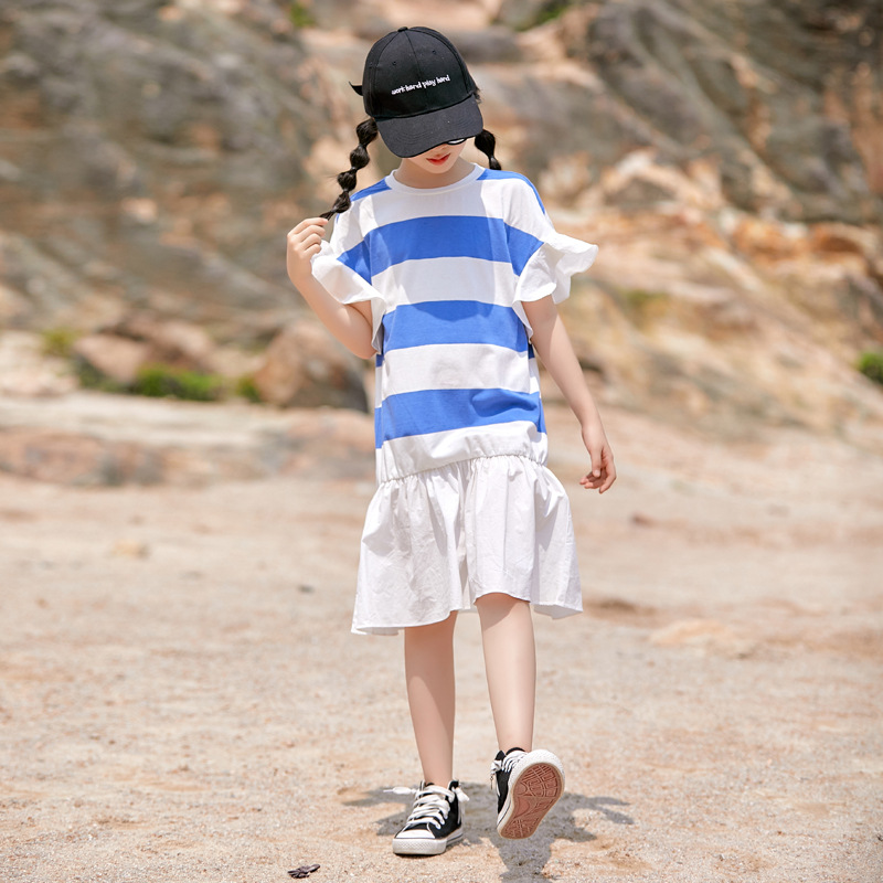 Vestido de las niñas de verano nuevo algodón puro de manga corta a rayas simple elegante vestido casual para niños vestido de princesa con volantes