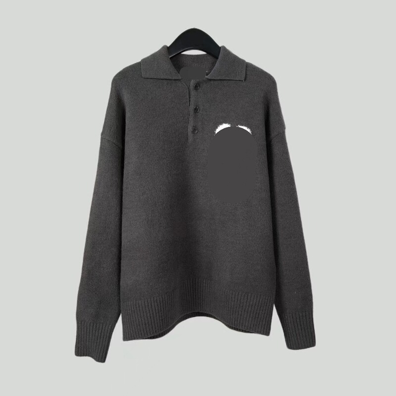 ~Letter Heart Jacquard Color-Blocked Button Polo Collar Knit Top for Men and Women, Made of Alpaca Wool, Suitable as an Inner Layer