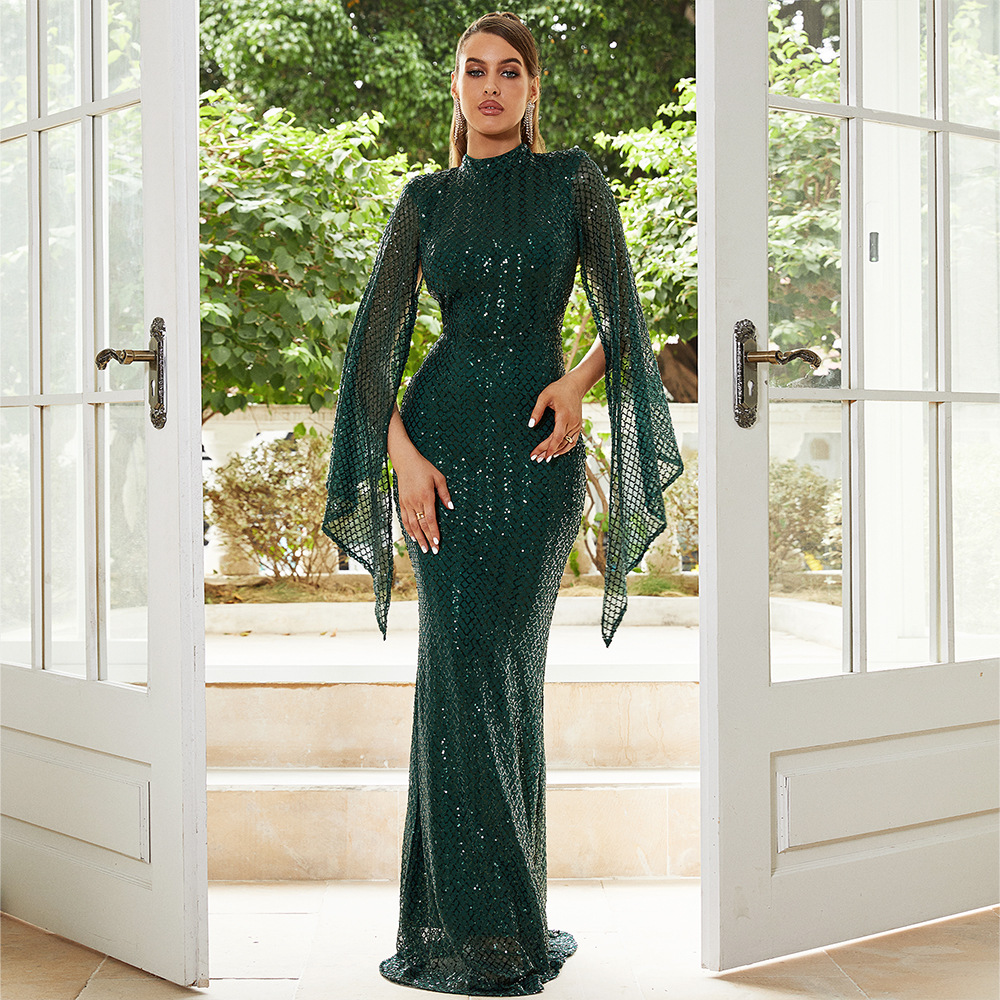 European And American High End Long Sleeved Temperament Round Neck Sexy Long Sequined Banquet Evening Dress Bridesmaid Dress Dress Female_voghion.com