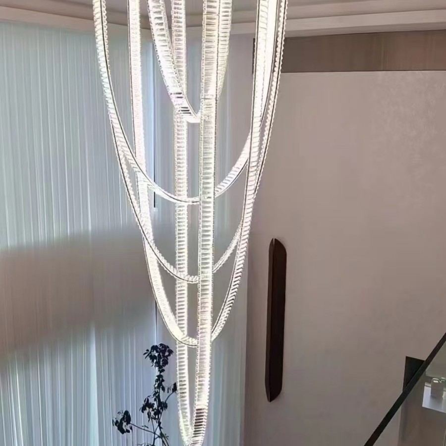 定制别墅专用客厅大吊灯水晶灯设计师轻奢长条飘带loft复式楼梯灯