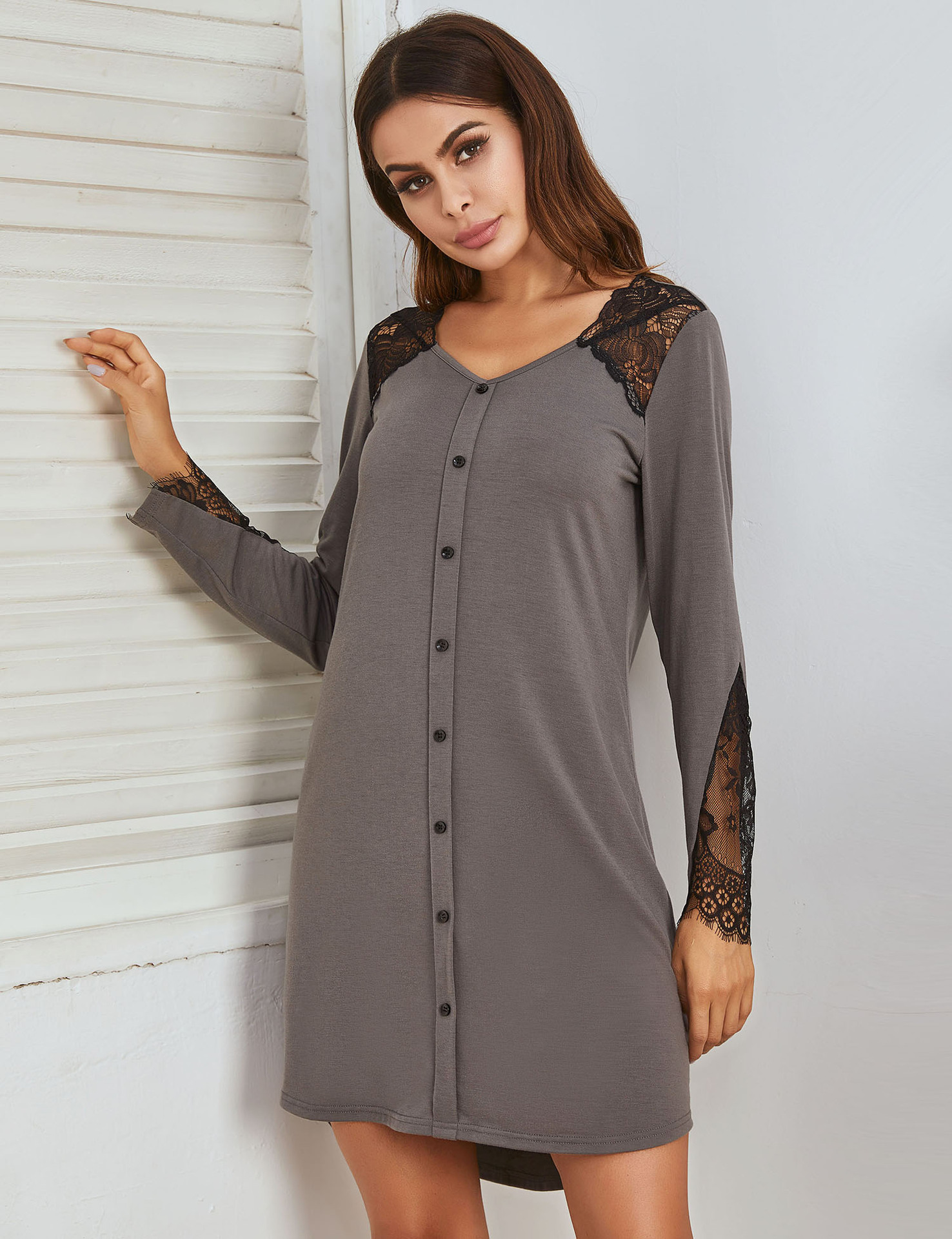 Pigiama e pullover da donna a maniche lunghe con patta in pizzo patchwork, autunno inverno_voghion.com