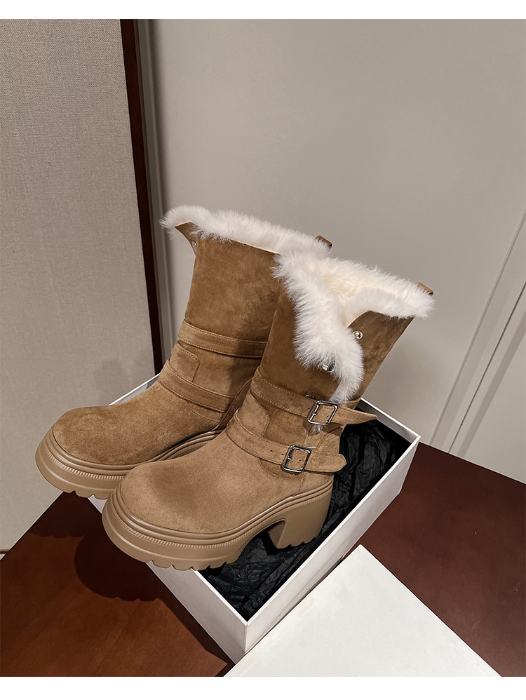 Boot nữ denim đế dày cổ trung lót lông giữ ấm, hai kiểu phối — màu nâu chi tiết 12