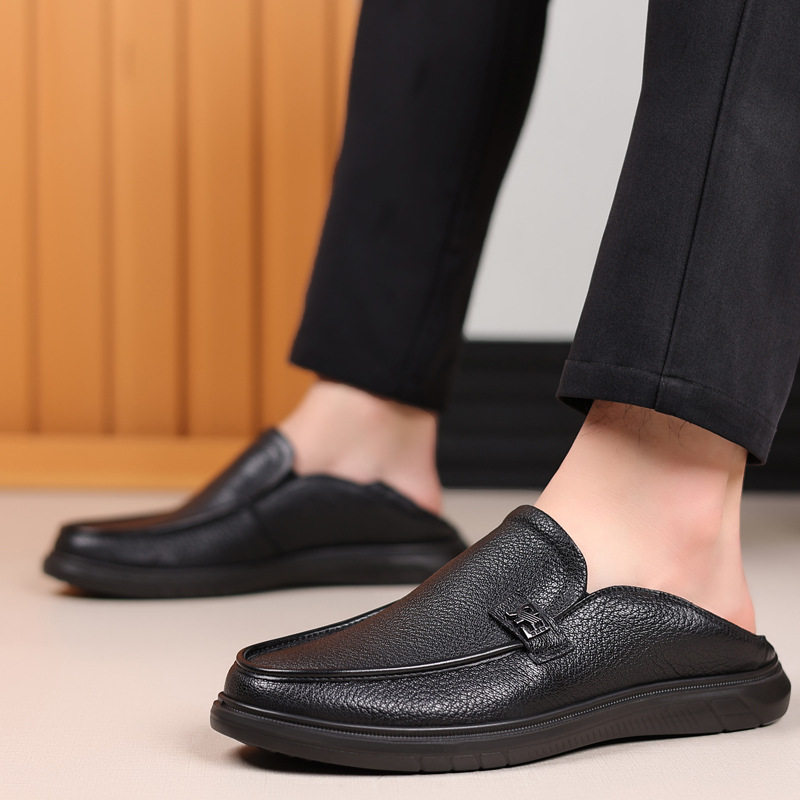 Giày lười nam da cừu mềm kiểu mới, giày slip-on đế bệt mũi tròn thoáng khí — Màu đen