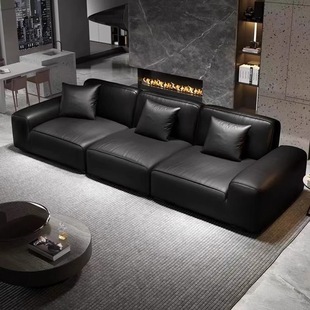Large Black Cow Sofa Italian Simple Modern Living Room Genuine Leather Tofu Block Straight Row Latex Rest Sofa Apartment Rental