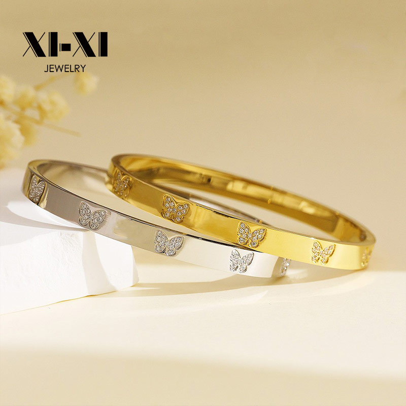 18K Gold Plated Stainless Steel Bracelet Style Versatile Bangle With Gold Butterfly Diamond Clasp Titanium Steel_voghion.com