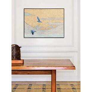 "Blue Bird Returns Home" Real Gold Foil Hand-Painted Texture Painting with Good Meaning, Entrance Hall Living Room Decoration Painting, Modern Simple Hanging Painting