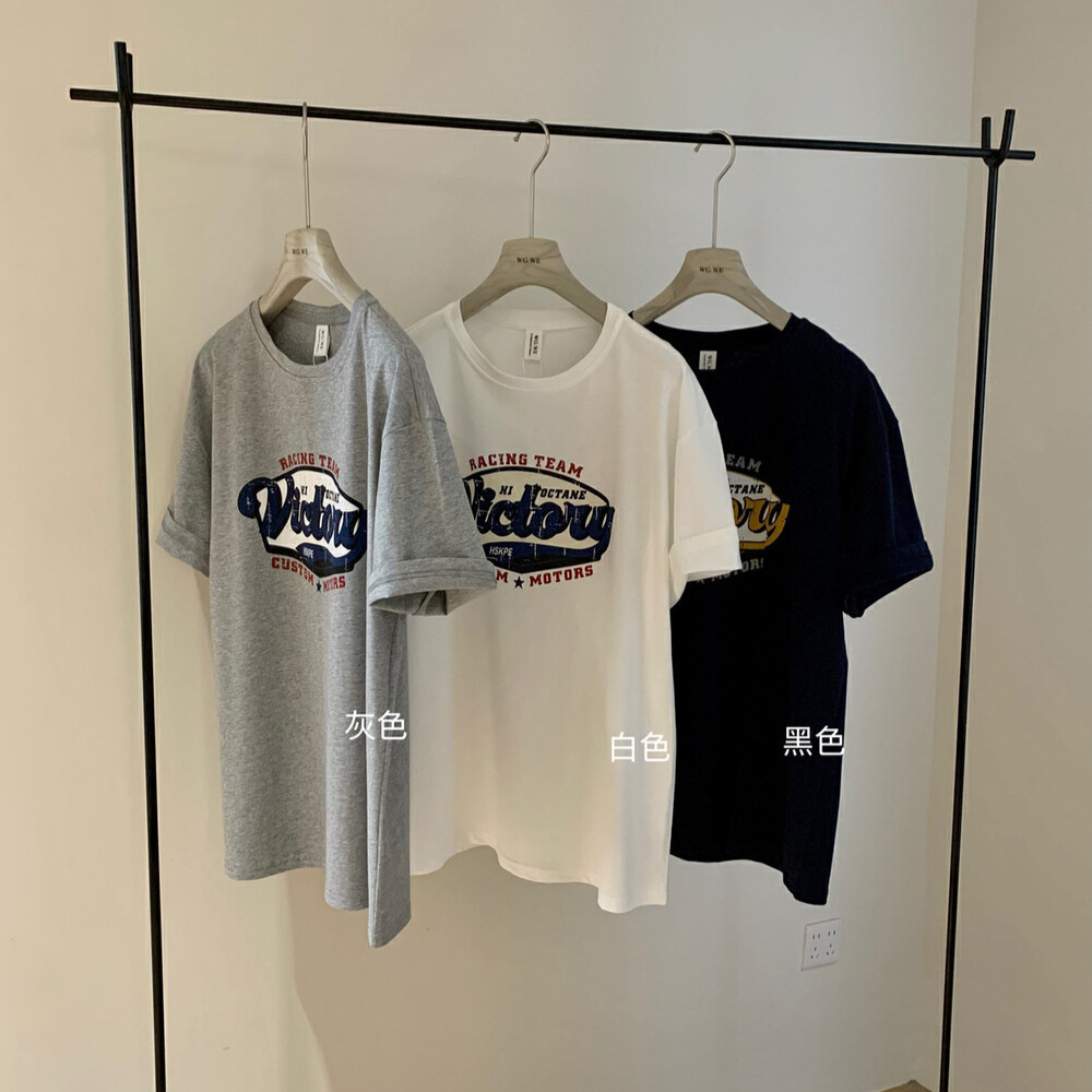 WGWE coreano americano retro letra impresa suelta manga corta estilo universitario simple manga corta camiseta mujer verano W5760 image 3