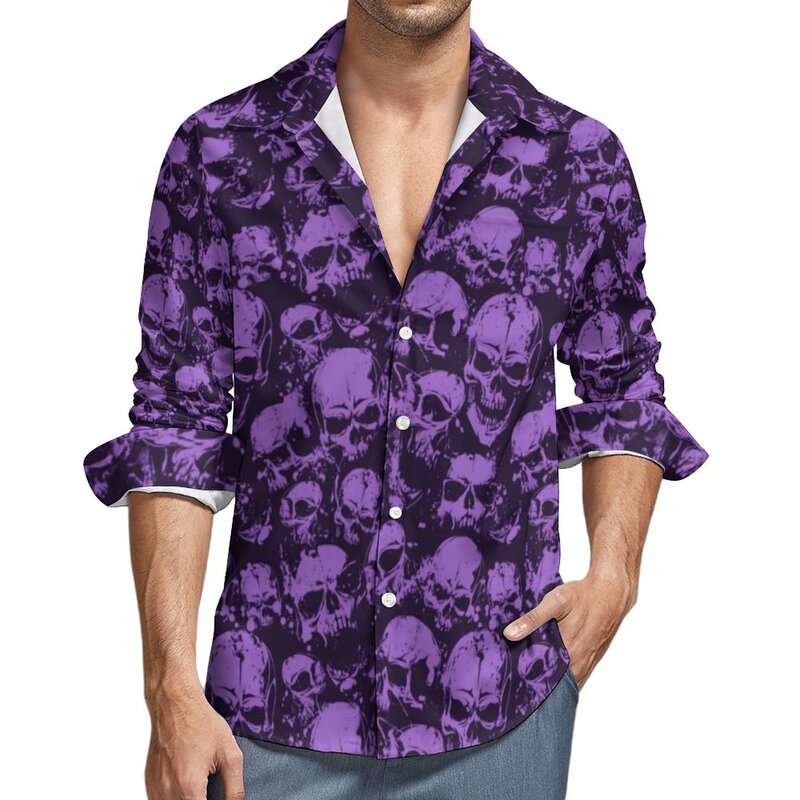 Cross-border Foreign Trade 3D Printing Spring and Autumn Beach Hawaiian Shirt Horror Skull Long Sleeve Lapel Large Size Men's Top